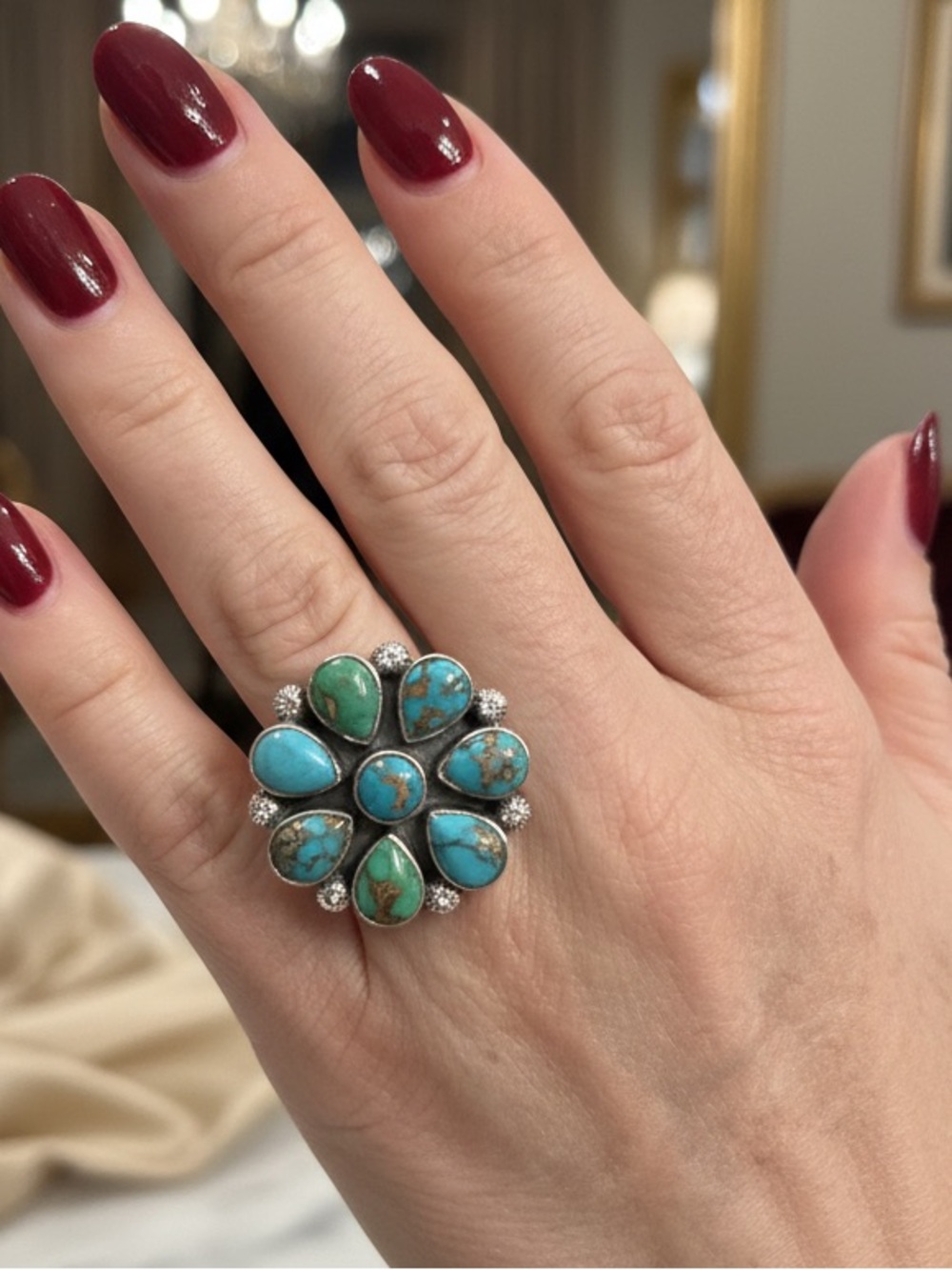 Sterling Silver Turquoise Cluster Statement Ring - Green Blue - Picture 4 of 6